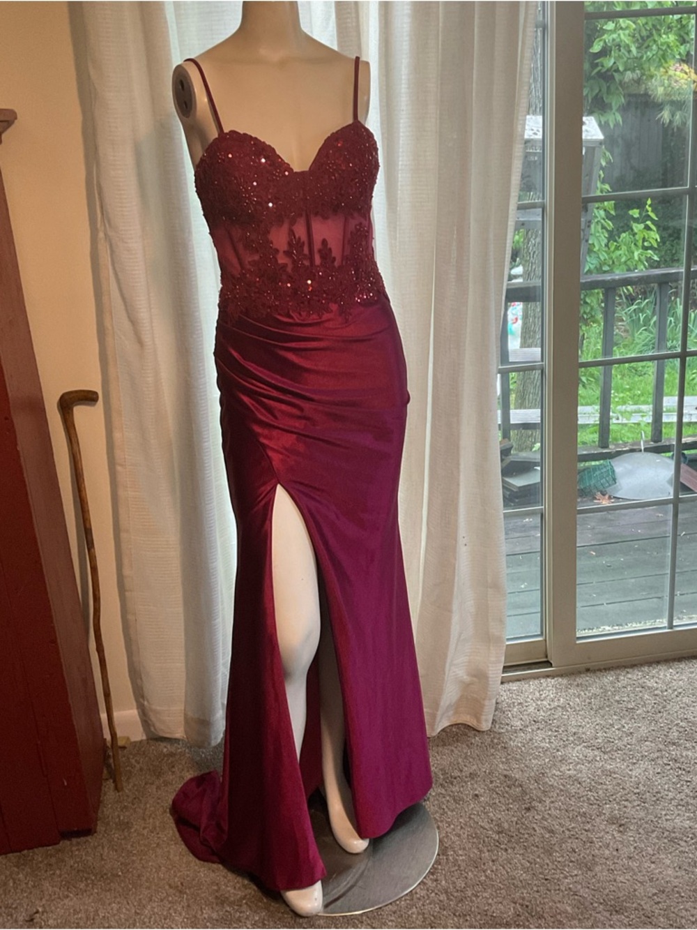 Shiny Maroon Caged Sequin Train Maxi Prom Dress 2